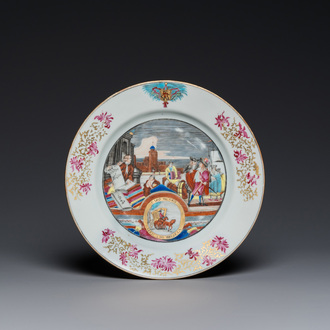 A rare Chinese European-decorated export porcelain 'Clothtraders' plate, Qianlong