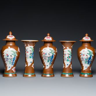 A Chinese capucin-brown-ground famille rose garniture of five vases with 'Xi Xiang Ji' design, Yongzheng