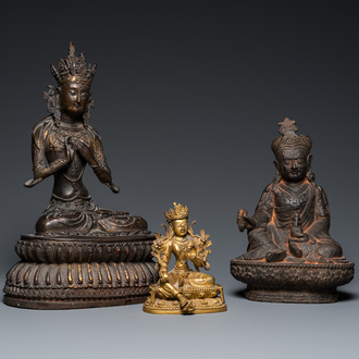 Two Tibetan gilt bronze and one iron sculpture of Buddha, 19/20th C.