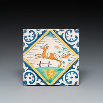 A polychrome Dutch maiolica tile with a fox, ca. 1600