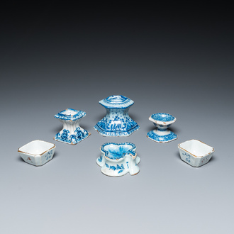 Four blue and white Dutch Delft salts and two small numerically inscribed bowls, 18th C.