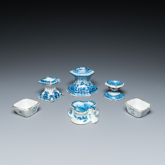 Four blue and white Dutch Delft salts and two small numerically inscribed bowls, 18th C.