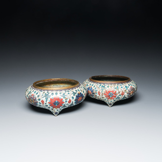 A pair of Chinese cloisonné tripod censers, Fang Ming mark, Qing