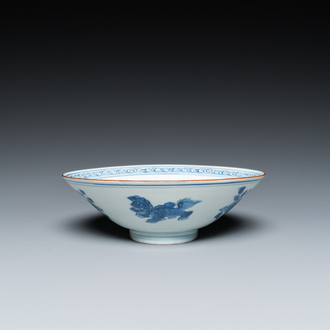 A Chinese blue and white 'Buddhist lions' bowl, Jiajing mark, Shunzhi