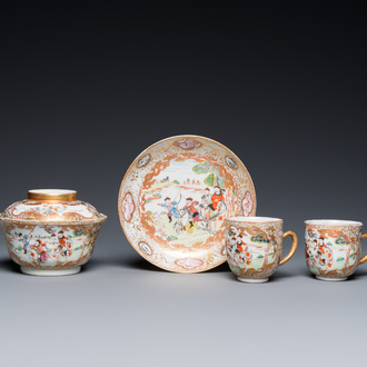 A Chinese famille rose covered bowl, a saucer and two cups with a hunting scene, Qianlong