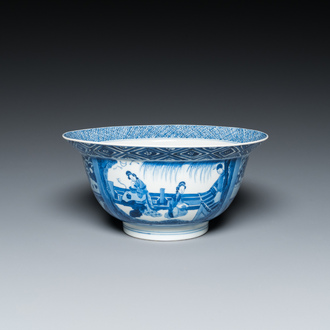 Een Chinese blauw-witte kom met verhalend decor, Kangxi merk en periode