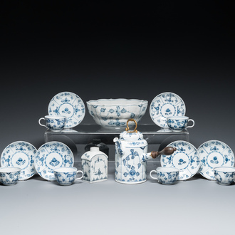 Six blue and white Meissen porcelain cups and saucers, a chocolate pot, a bowl and a tea caddy, 18th C.