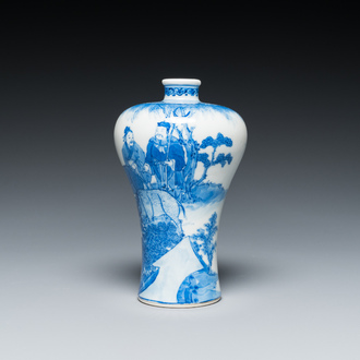 A fine Chinese blue and white 'meiping' vase with farmers with oxen, Qianlong mark, Republic