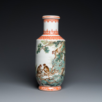 A Chinese rouleau vase with monkeys, signed Bi Yuanming 畢淵明, dated 1956