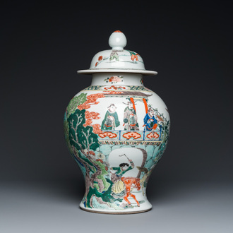 A Chinese famille verte vase and cover, 19th C.