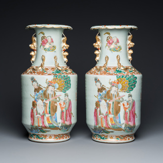 A pair of Chinese Canton famille rose 'immortals' vases, 19th C.