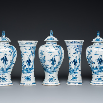 A Dutch Delft blue and white five-piece chinoiserie garniture, 1st quarter 18th C.