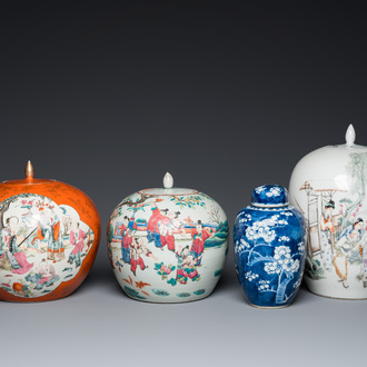 Four Chinese famille rose and blue and white covered jars, 19/20th C.