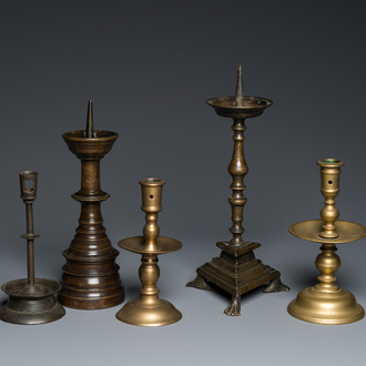 Five brass and bronze candlesticks, 16th C. and later