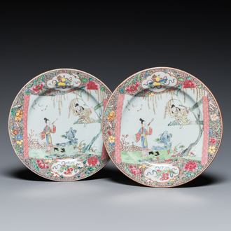 A pair of Chinese famille rose 'Xi Xiang Ji' plates, Yongzheng