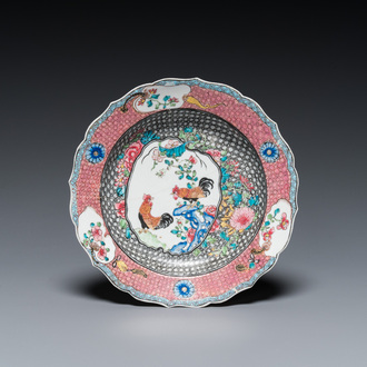 A fine Chinese famille rose 'roosters' plate, Yongzheng