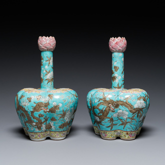 A pair of Chinese famille rose turquoise-ground flower vases with dragons, 19th C.