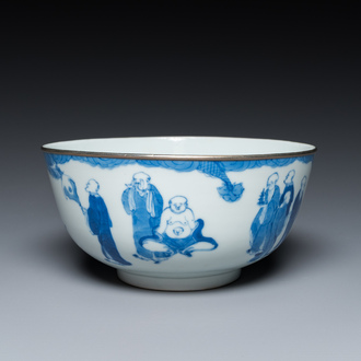 A Chinese blue and white 'Bleu de Hue' bowl with eighteen luohans for the Vietnamese market, Nei Fu mark 內府, 19th C.