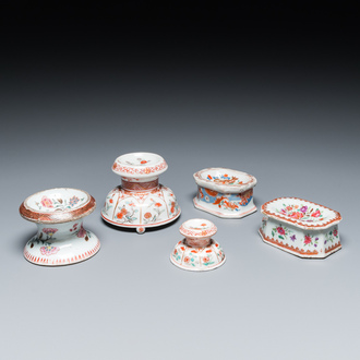 Three Chinese famille rose salts and two Dutch-decorated salts, Kangxi/Qianlong