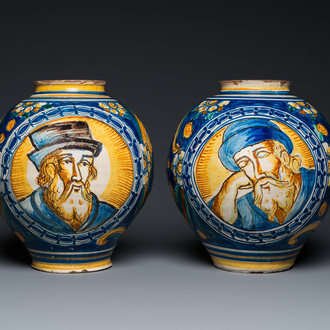 A pair of polychrome Italian maiolica drug jars in Venetian style, Southern Italy, late 16th C.