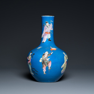 A Chinese blue-ground famille rose 'eight immortals' bottle vase, Qianlong mark, 19th C.