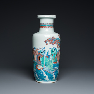 A Chinese doucai 'eighteen Luohan' rouleau vase, 19th/20 C.