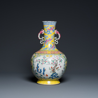 A Chinese yellow-ground famille rose 'nine peaches' bottle vase, Jiaqing