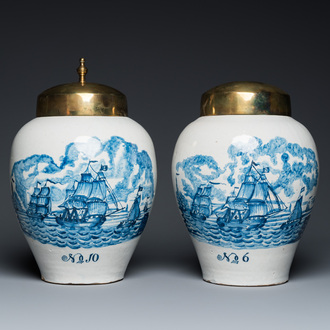 A pair of rare Dutch Delft blue and white 'maritime subject' tobacco jars with brass covers, 18th C.
