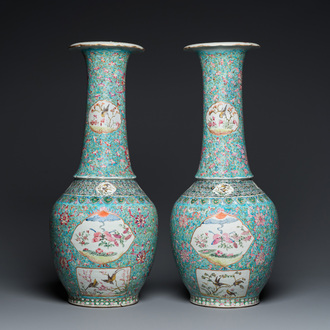 A pair of Chinese turquoise-ground famille rose vases, 19th C.