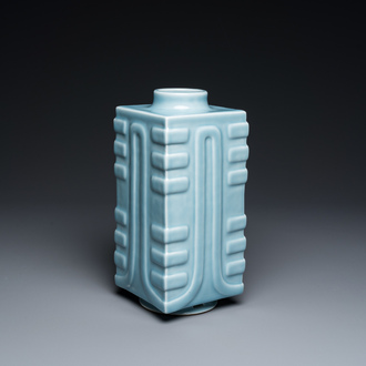 A Chinese monochrome clair de lune-glazed 'cong' vase, Qianlong mark, 20th C.