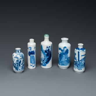 Five Chinese blue and white snuff bottles, 19th C.