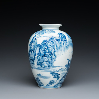 A Chinese blue and white 'mountainous landscape' vase, Kangxi mark, Republic