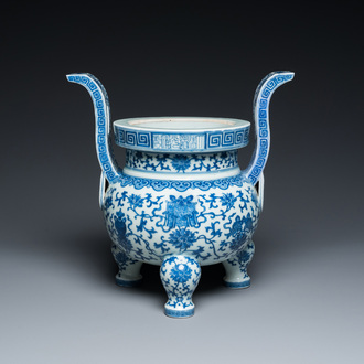 A Chinese blue and white tripod censer, Daoguang mark and of the period