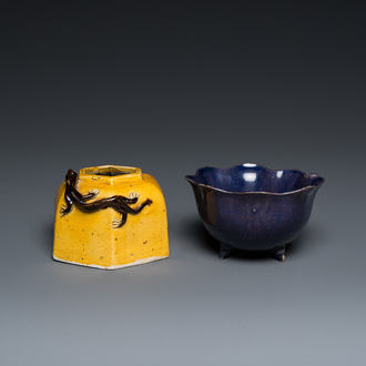 A Chinese yellow-glazed biscuit brush washer and an aubergine-glazed water dropper, Kangxi