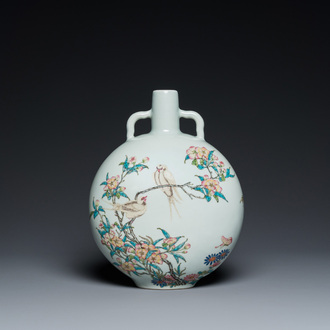 A Chinese famille rose 'bianhu' vase with birds among blossoming branches, Yongzheng mark, 20th C.