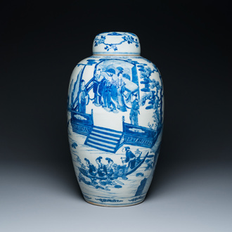 A large Chinese blue and white 'narrative subject' jar and cover, 19th C.