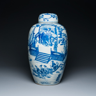 Grand pot couvert en porcelaine de Chine en bleu et blanc à décor narratif, 19ème