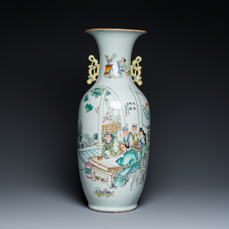 A Chinese famille rose 'scholars' vase with two-sided design, signed Cai Yun Xuan 彩雲軒, dated 1919