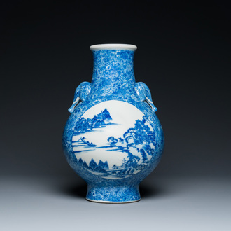 A Chinese blue and white 'hu' vase with elephant head handles, Qianlong mark, Republic