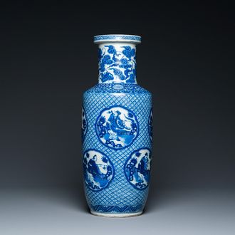 A Chinese blue and white rouleau 'immortals' vase, Kangxi mark, 19th C.