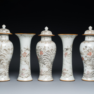 A Chinese grisaille garniture of five 'landscape' vases, Yongzheng