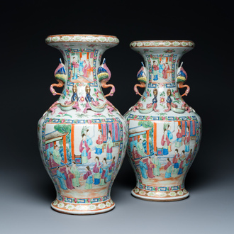 A pair of Chinese Canton famille rose vases with duck-shaped handles, 19th C.