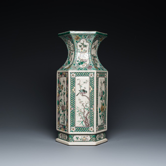 A Chinese hexagonal verte biscuit vase, 19th C.