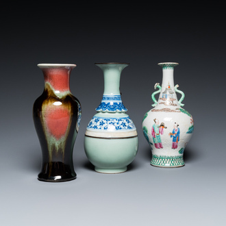 A Chinese famille rose, a flambé-glazed and a blue and white celadon-ground vase, 19/20th C.