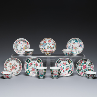 Sept tasses et soucoupes en porcelaine de Chine famille rose, Yongzheng/Qianlong