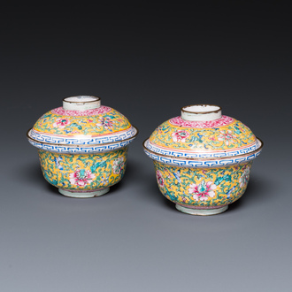 A pair of Chinese Canton enamel bowls and covers, Qianlong