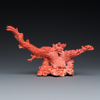 A Chinese red coral sculpture of a dragon, 19th C.