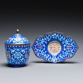 A Chinese blue-ground Canton enamel covered bowl on stand, Qianlong