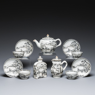 Een Chinees 11-delig grisaille theeservies met decor van een Europese dame met kind, Qianlong