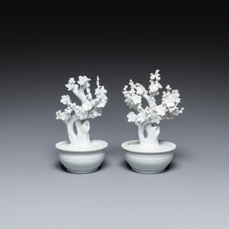 A pair of Chinese blanc de Chine models of trees in jardinières, Kangxi